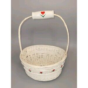 Vtg 90s White Woven Wicker Basket Ceramic Handle Red Hearts MCM Farmhouse Decor